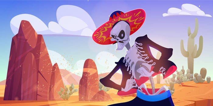 Skeleton mariachi musician in wild west desert vector