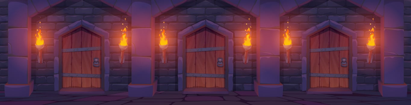 Medieval wooden doors in stone wall with torches vector