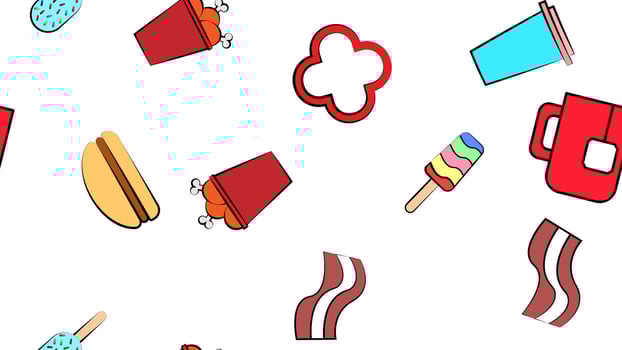Endless white seamless pattern of delicious food and snack items icons set for restaurant bar cafe ice cream, tea, bacon, jalapeno pepper, chicken, soda, burger. The background vector