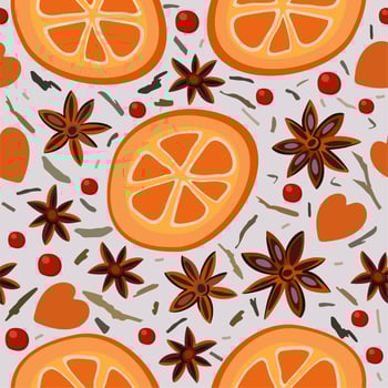 Vector seamless spicy pattern with slices of orange, seeds of cinnamon, cranberries and dry leaves of tea on light lilac background.
