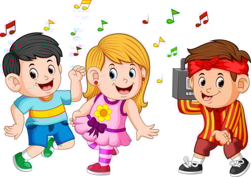 kids dancing of Hip-Hop and a boy holds a vintage tape recorder vector