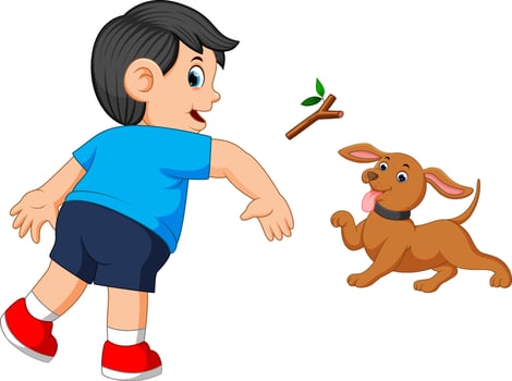 Boy throws a stick to his dog vector