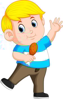 Cute boy eating roasted chicken drumstick vector