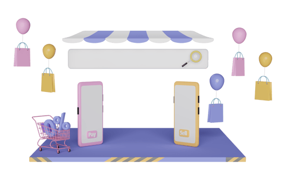 mobile phone or smartphone with store front, shopping cart, paper bags, magnifying glass, blank search bar isolated. online shopping or search data concept, 3d illustration or 3d render png