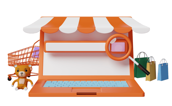 orange computer monitor with store front, cart, paper bags, magnifying glass, blank search bar, teddy bear isolated. online shopping or search data concept, 3d illustration or 3d render png
