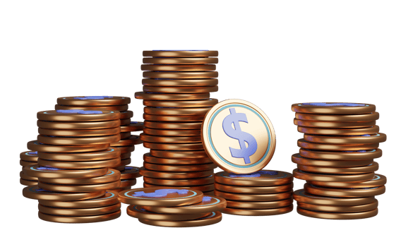 copper color dollar coins stacks isolated. 3d illustration or 3d render png
