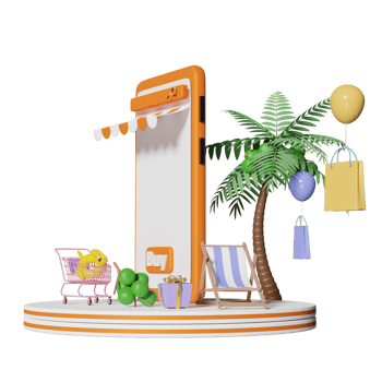 stage podium with orange mobile phone or smartphone store front, beach chair, Inflatable flamingo, palm leaf, shopping paper bags, online shopping summer sale concept, 3d illustration or 3d render png