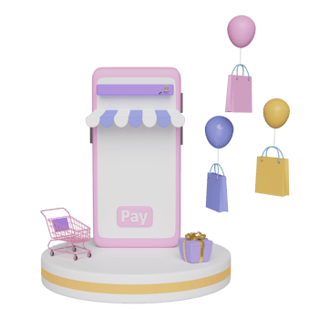 stage podium and mobile phone, smartphone with store front, shopping cart, magnifying glass, paper bags, gift box isolated. online shopping, search data concept, 3d illustration, 3d render png