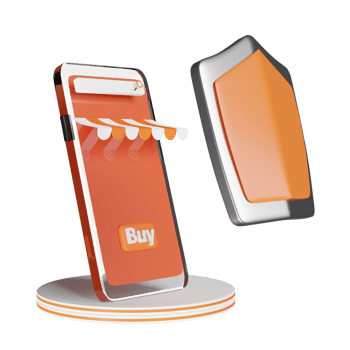 orange mobile phone or smartphone with store front, shield isolated. Internet security or privacy protection or ransomware protect concept, 3d illustration or 3d render png