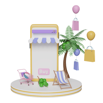 stage podium with yellow mobile phone or smartphone store front,beach chair,Inflatable flamingo,palm leaf,shopping paper bags,online shopping summer sale concept, 3d illustration or 3d render png