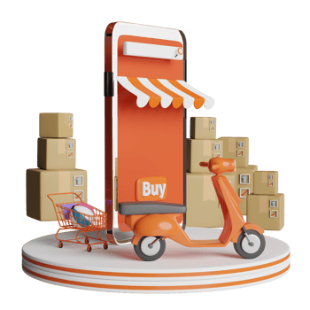 podium and orange mobile phone or smartphone with store front, scooter, goods box, shopping cart isolated. Online delivery or online order tracking concept, 3d illustration or 3d render png