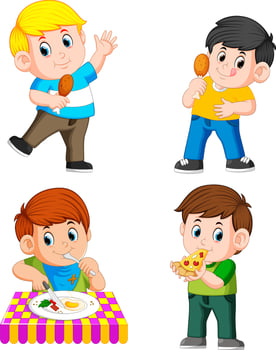 the collection of the boy eating and holding the food vector