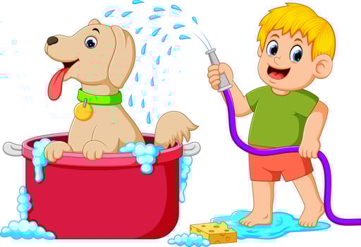a boy is cleaning his brown dog in the red pail with water and soap vector