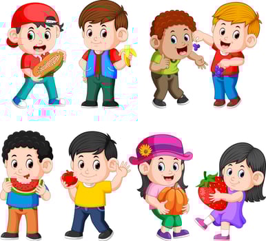 a collection of the children holding and eating their fruits vector