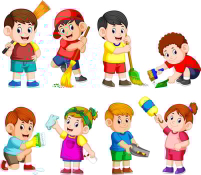 a group of children holding the cleaning tools to clean something vector
