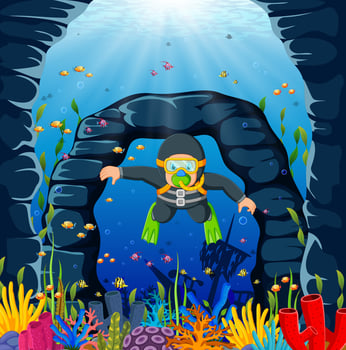 a diver man is using the grey swimming cloth and green frog shoes vector