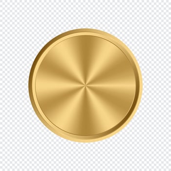 Gold circle plate background. Golden metal round medal. Button metallic bright element. Vector illustration