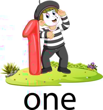 pantomime boy with the 1 balloon number and text vector