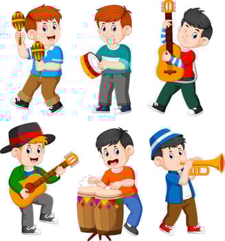 the collection of the boy playing with the different musical instrument vector