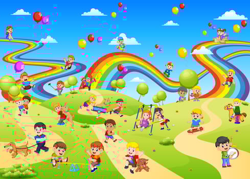 the view of playground full of the children playing on it vector