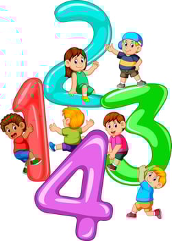Kids playing with big number one to four vector