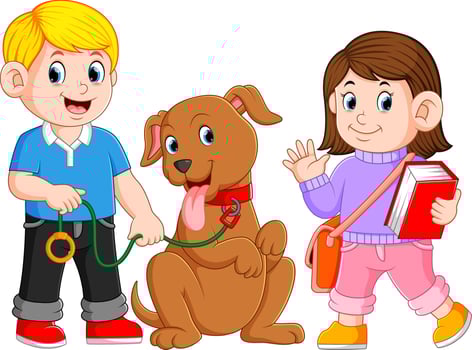 happy man holding his dog with a girl holding book vector