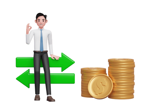 businessman in white shirt blue tie sitting on exchange rate icon with hand gesture ok finger, 3d rendering of business investment concept png
