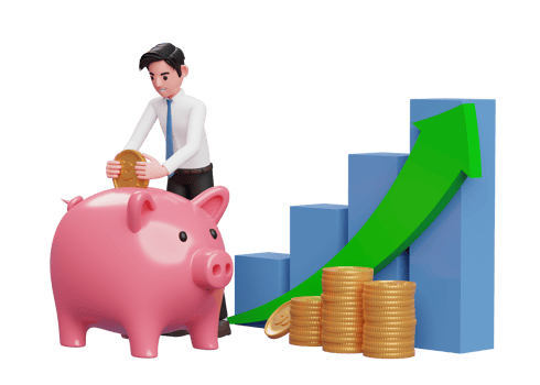 businessman saving gold coins into piggy bank with bar chart and green arrow up, 3d rendering of business investment concept png