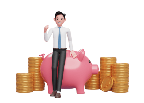 businessman sitting leaning on pink pig piggy bank celebrating clenching hands, 3d rendering of business investment concept png
