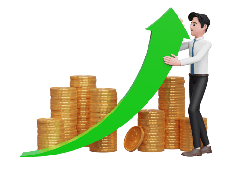 businessman in white shirt and blue tie deflect green arrow up with gold coin pile ornament, 3d rendering of business investment concept png