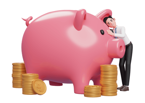 happy businessman hugging big pink piggy bank saving gold coins for future, 3d rendering of business investment concept png