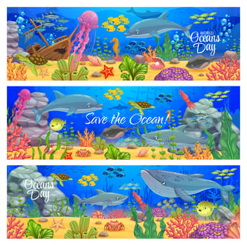 Cartoon underwater landscape banners, oceans day vector