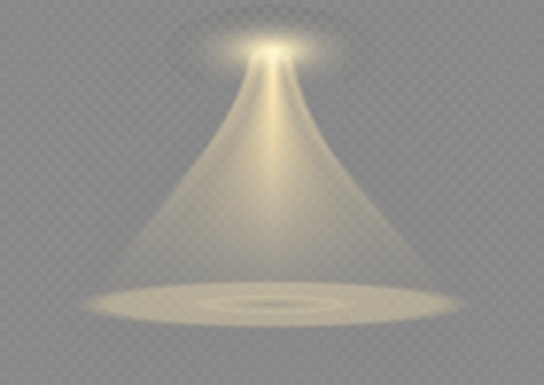 Vector spotlight. Yellow color light effect. Glowing isolated golden sparkling light effect. Spark spotlight special effect design. Ray vector element. Glowing isolated yellow.