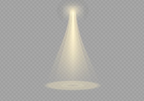 Vector spotlight. Yellow color light effect. Glowing isolated golden sparkling light effect. Spark spotlight special effect design. Ray vector element. Glowing isolated yellow.