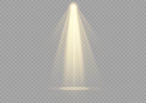 Vector spotlight. Yellow color light effect. Glowing isolated golden sparkling light effect. Spark spotlight special effect design. Ray vector element. Glowing isolated yellow.