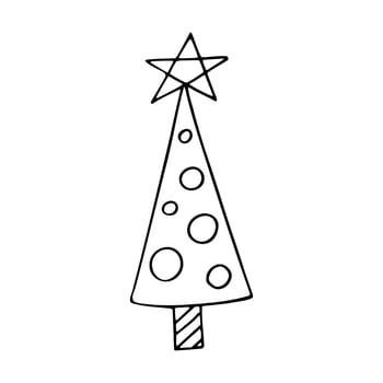 Doodle of Christmas tree with ball and star isolated on white background. Hand drawn vector illustration for Christmas and New Year design.