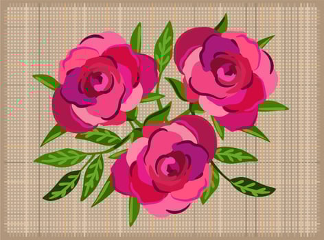 Three pink vintage roses on canvas background. vector