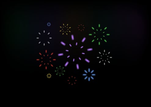 Bright colorful fireworks at dusk. Sparkling firework festive, holiday carnival firecracker explosion bang and abstract burst in night sky for congratulation card design. vector