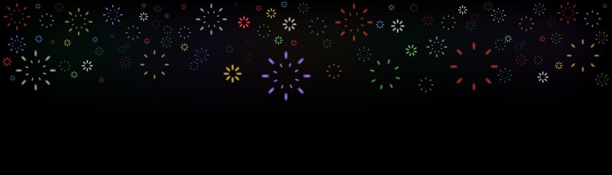Bright colorful fireworks at dusk. Sparkling firework festive, holiday carnival firecracker explosion bang and abstract burst in night sky for congratulation card design. vector