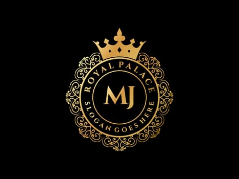 Letter MJ Antique royal luxury victorian logo with ornamental frame. vector