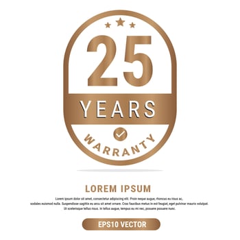 25 Year warranty vector art illustration in gold color with fantastic font and white background. Eps10 Vector