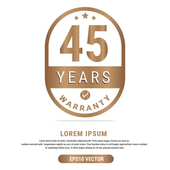 45 Year warranty vector art illustration in gold color with fantastic font and white background. Eps10 Vector