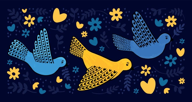 Hand drawn peace doves in blue and yellow colors. Cute illustration for a postcard or poster. vector