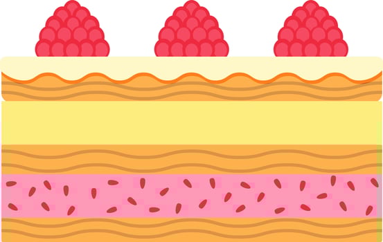 Sponge cake with raspberries. Isolated on white background. Vector illustration in flat style