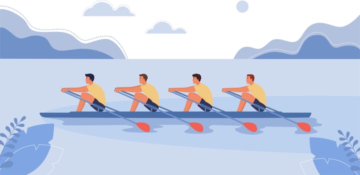Four athletes swim on a boat. The concept of rowing competitions. Vector illustration, cartoon style.