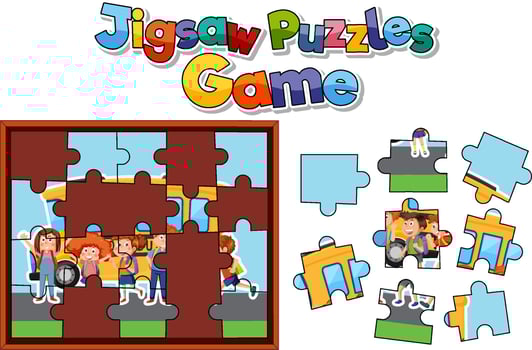 School kids photo jigsaw puzzle game template vector