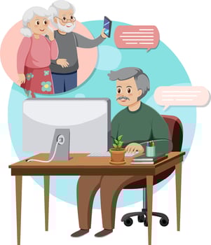 Old woman sitting in front of laptop vector
