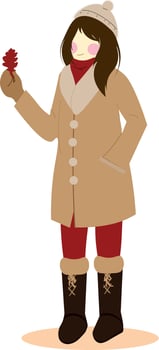 Trendy young woman in warm down jacket and hat vector flat illustration.