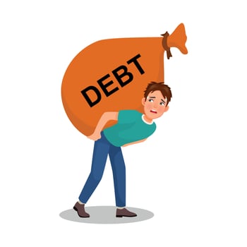 Young businessman on debt showing carrying big debt bag burden on his back on financial crisis vector