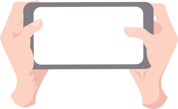 two hands holding a cellphone landscape position with blank screen watching or playing game png